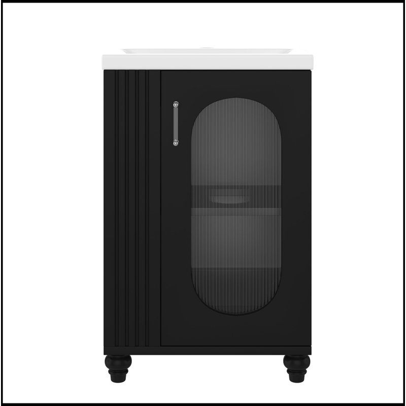 Meuble-lavabo de 20 po avec lavabo, meuble-lavabo avec tablette à deux niveaux, tablette réglable, bois massif et panneau de fibres à densité moyenne, noir