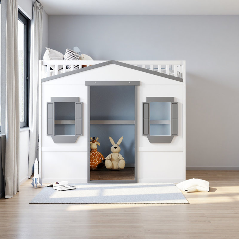 Full Size House Loft Bed With Ladder, White/Grey