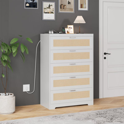 Tall Dresser for Bedroom, Wooden Chest of Drawers with Rattan Accents, Vertical Storage Dresser for Closet Living Room Entryway