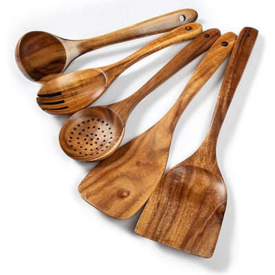 Wood Kitchen Utensils Set, 5 Pcs Natural Acacia Wooden Spoons For Cooking For Non-Stick Skillet, Utensil Set For Cooking With Soup Ladle And Wok Spatulas, Salad Fork, Spurtles For Cooking