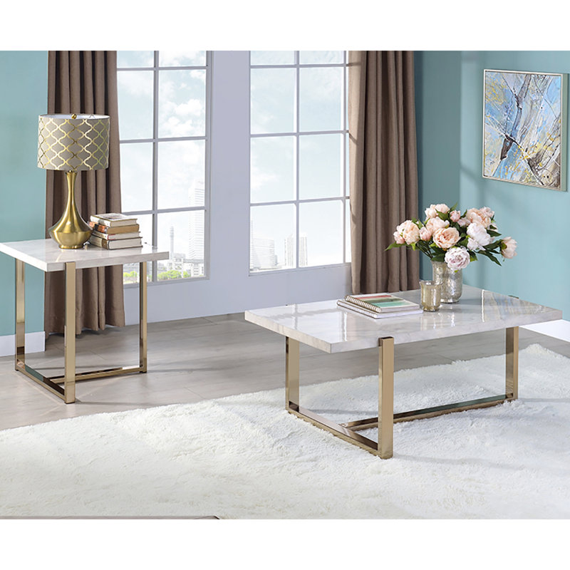 Table de bout contemporaine contemporaine en simili marbre blanc et champagne