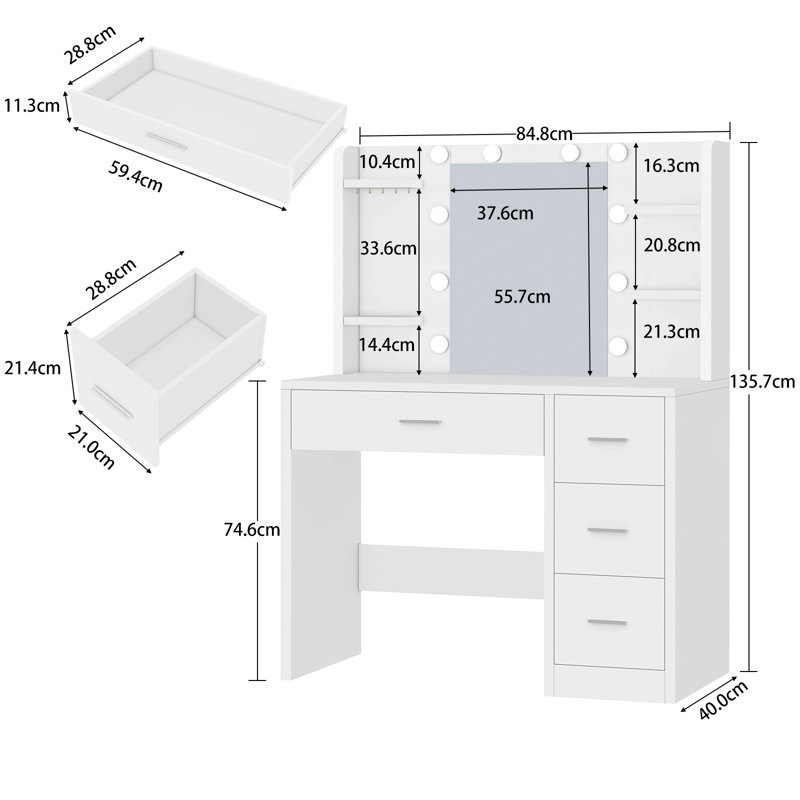 Dressing Table, Vanity Desk with Mirror and Lights, Vanity table with 4 Drawers, 4 Storage Shelves, 5 Jewelry Hooks for Bedroom, White