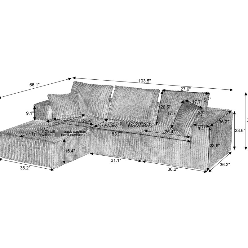 Gray Corduroy Upholstered 5Pc Modular Sectional, 2 Armless Chairs & 3 Corner Seats, Living Room Furniture, Solid Wood Plywood Frame, Foam Padding, Reversible Back Cushions, Removable Covers