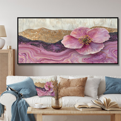 Fleur de pommier sur un sommet d'une rivière d'encre rose et blanche II - Art mural fleur de pommier