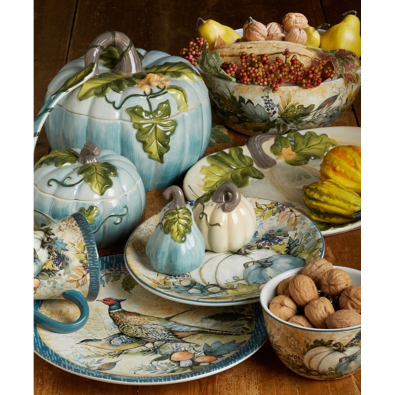 Harvest Gatherings Rectangular Ceramic Platter with Teal and White Pumpkins