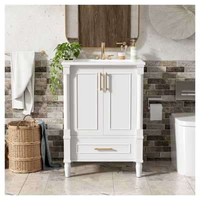 Meuble-lavabo moderne de 24 po avec lavabo en céramique, motif à motif orné, portes à fermeture en douceur, finition blanche, cadre en bois massif et panneau de fibres à densité moyenne