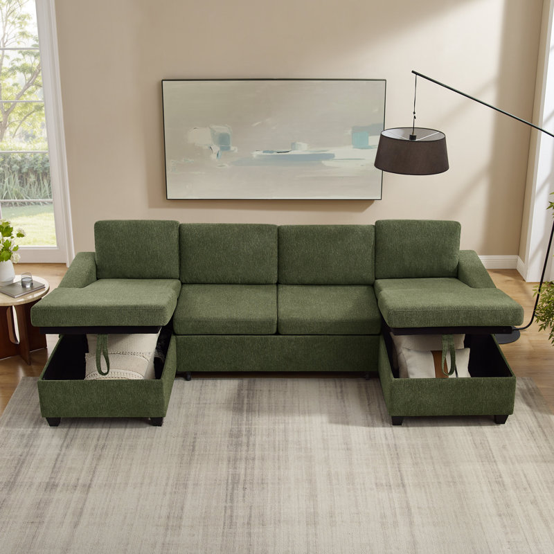  Canapé-lit escamotable en U de 113 po avec méridienne de rangement, Polyester vert