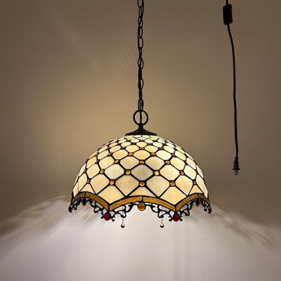 Madrille Tiffany Pendant Lights Fixture Plug in Beige Stained Glass Crystal Beans LED Bulbs 16”W*16”D*75”H