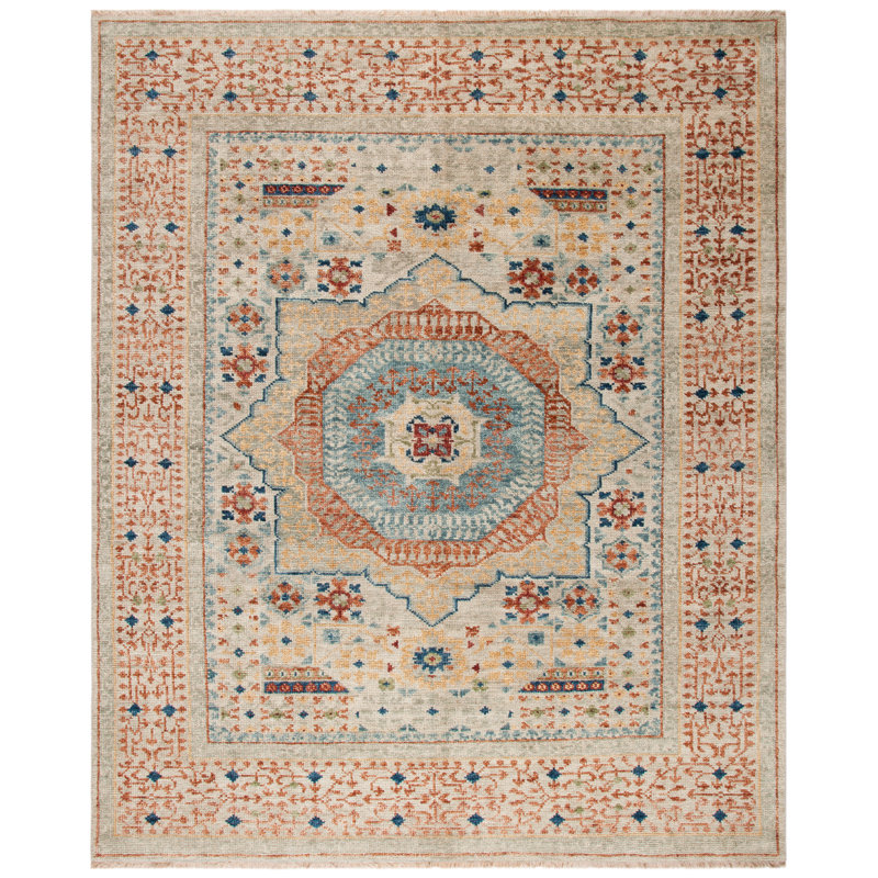 Oriental Hand-Knotted Wool Ivory / Rust Area Rug, Rectangle 6' x 9'