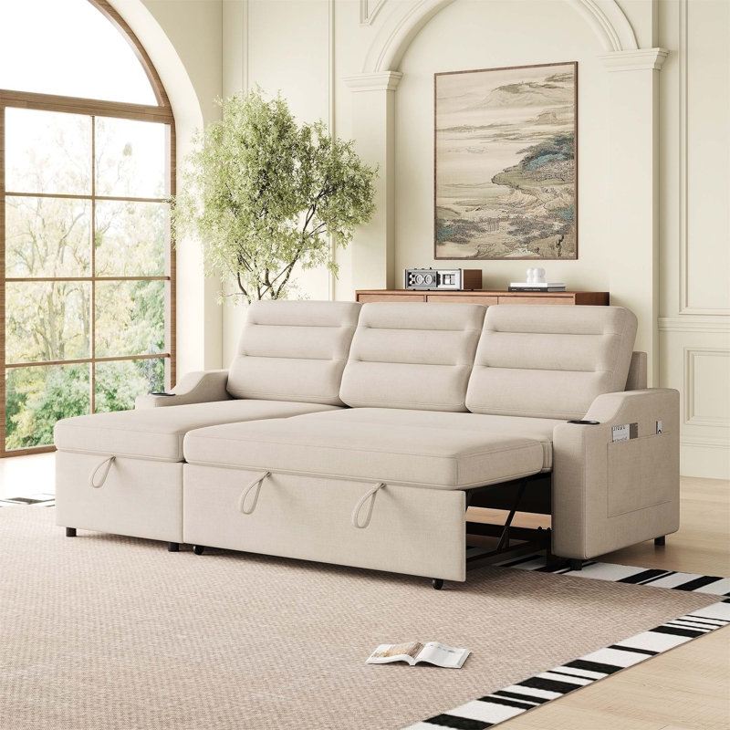 Canapé-lit 85,8 po avec lit escamotable avec port de charge, espace de rangement, Tissu beige
