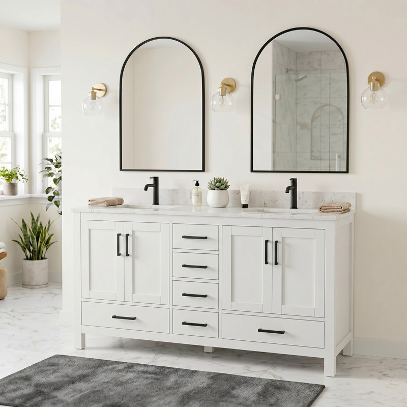Ensemble de meuble-lavabo double 60 "avec miroir et comptoir en granite Bourrache, White