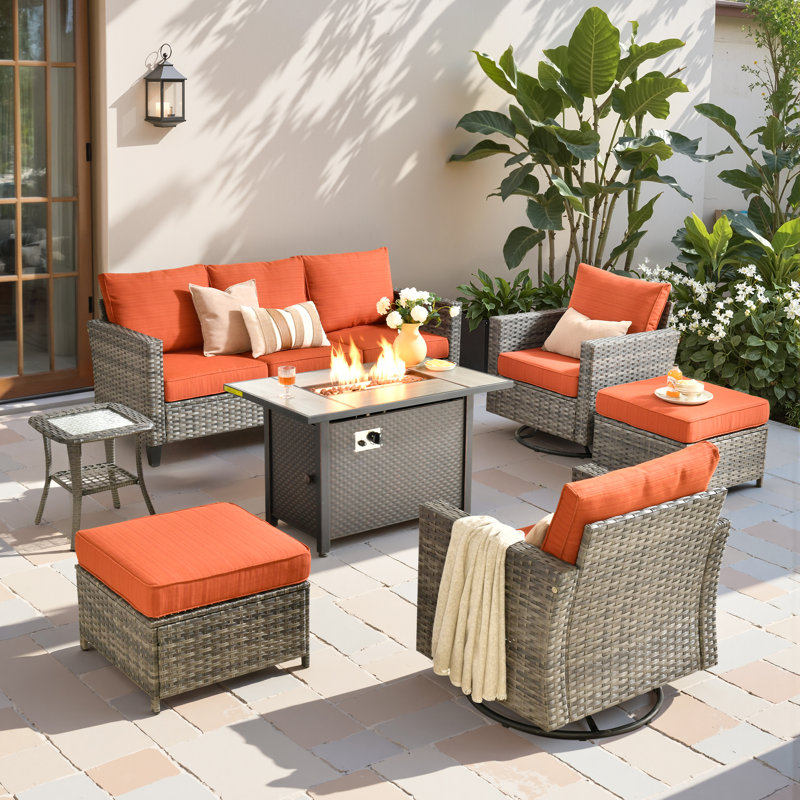 Allcot 5 - Person Wicker Outdoor Conversation Set, Patio Sofa Set with Fire Pit and Cushions, Gray
