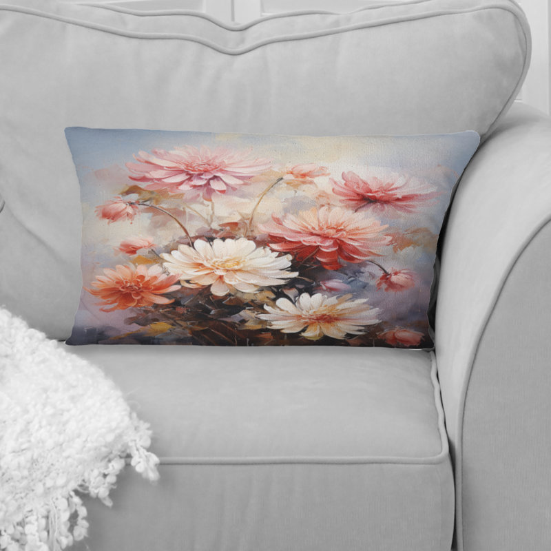 Coussin décoratif rose à imprimé romantique Chrysanthemums I