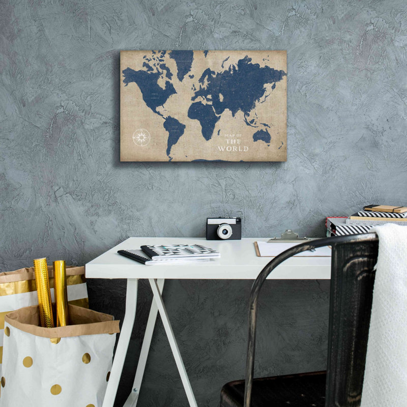 «Burlap World Map I Navy» par Sue Schlabach, estampe numérique sur toile, L 18 po x H 12 po