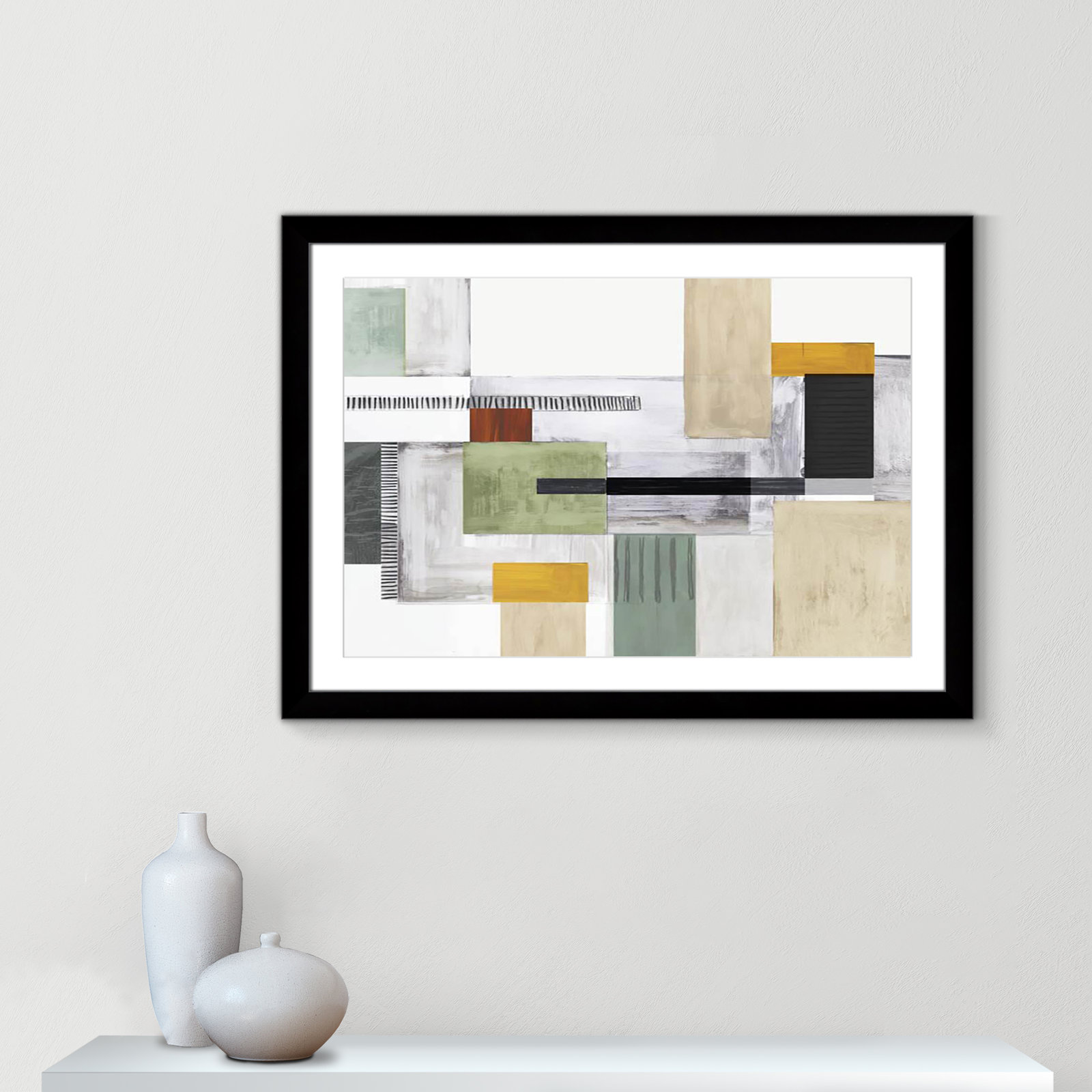Playful Blocks by Tom Reeves, White, Black Cube Picture Framed, 27" H x 37" W x 1.25" D