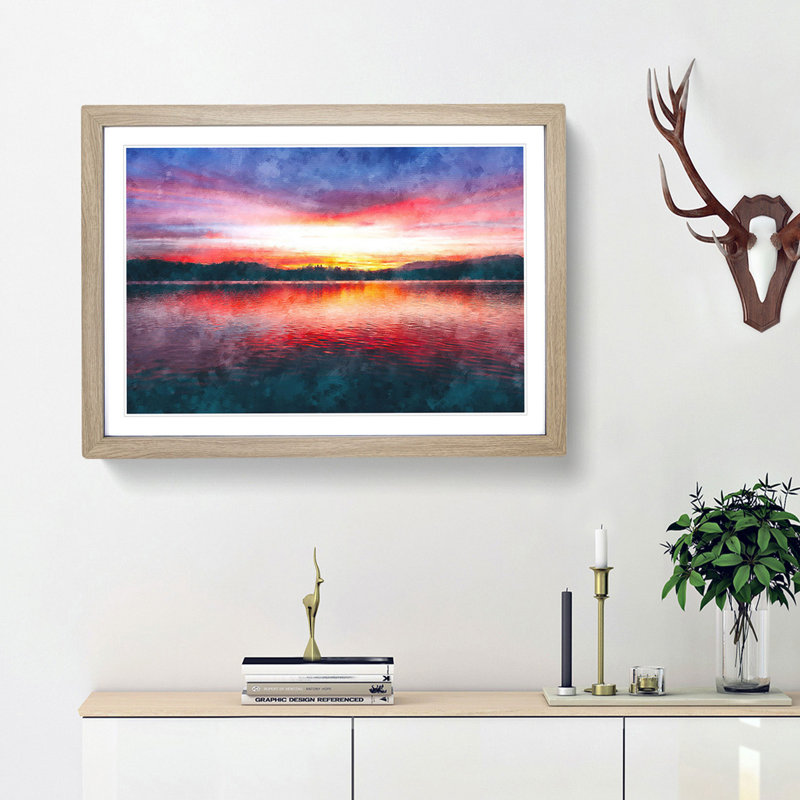 Sunset over Lake Windermere - Picture Frame Painting Print, 24cm H x 33cm W x 2cm D, Oak Framed