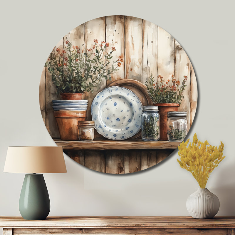 Farm Life Kitchen Shelf Still Life - Barn Farm Ranch, art mural rond en métal, L 23 po x H 23 po