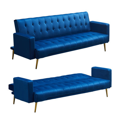 Modern Velvet Convertible Sofa Bed With Tufted Design & Golden Metal Legs by Mercer41