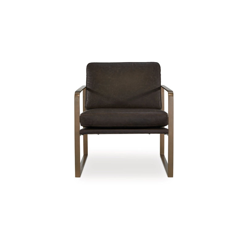 Fauteuil d'appoint Bary, coussins en cuir fleur brun foncé, métal doré