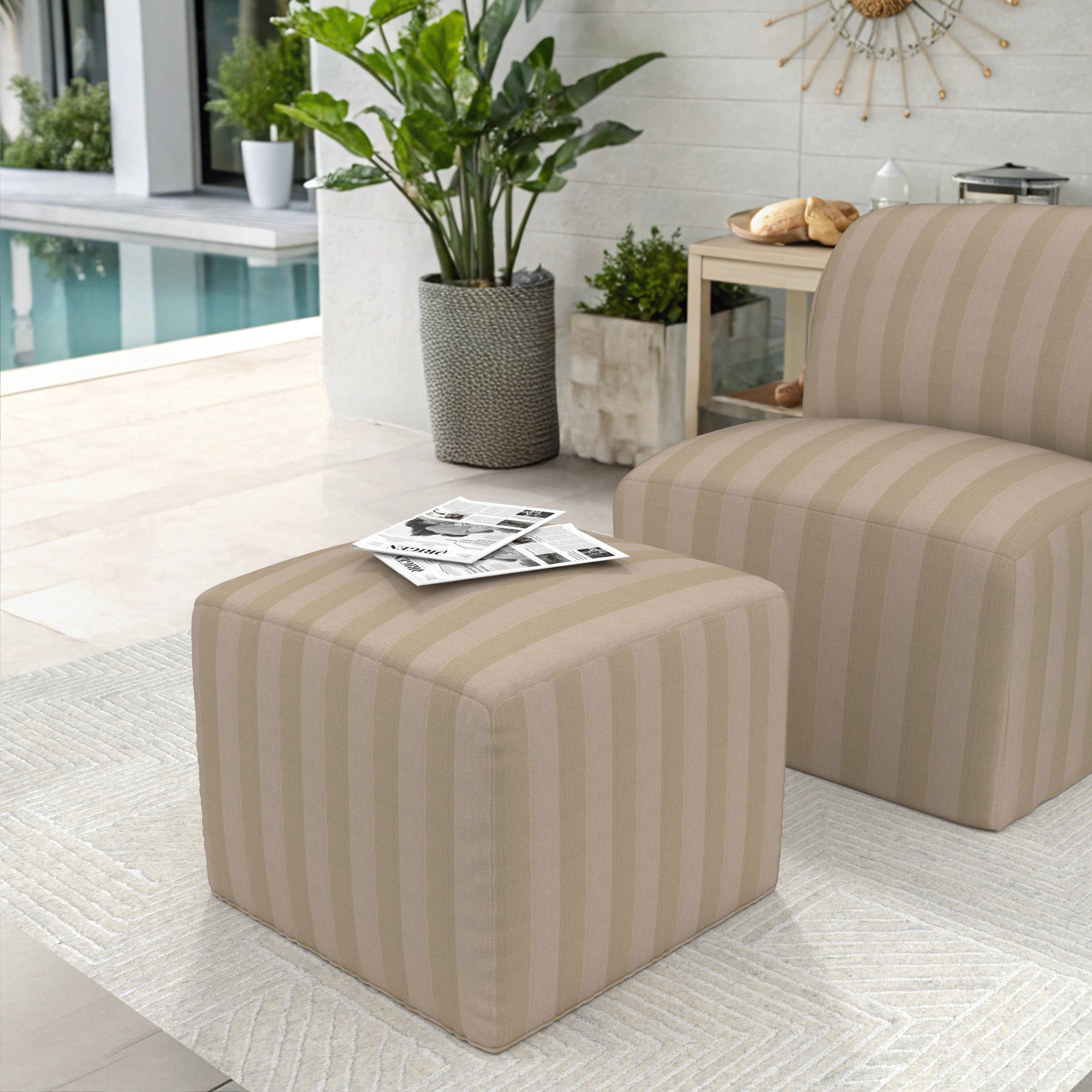 Praia Sunbrella® Outdoor Ottoman, 18" H x 22" W x 22" D, Sunbrella Expressive Sparrow