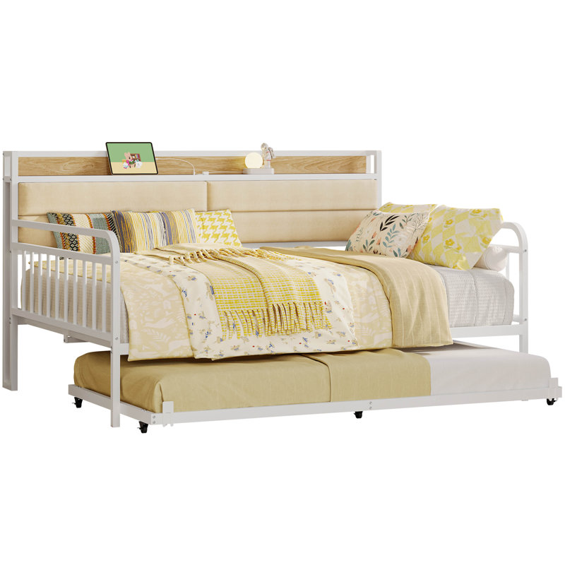 Daybed With Trundle Day Bed With Upholstered Headboard And Charging Station, White, Full / Double