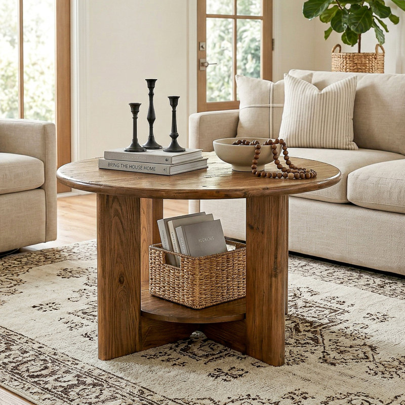 Solid Wood Round Coffee Table With 2-tier Storage