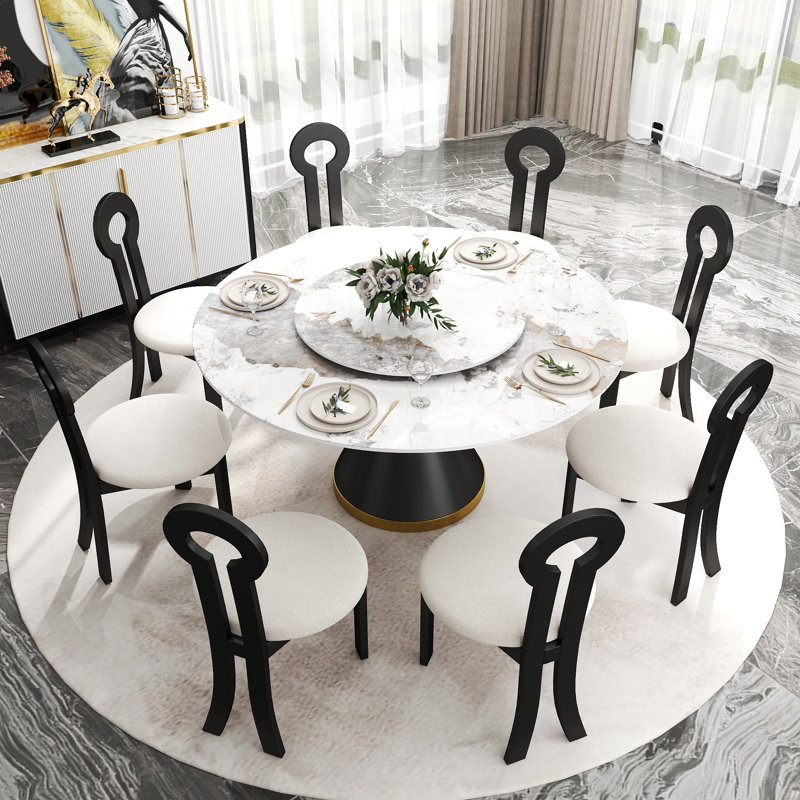 8 Seat Modern Round Sintered Stone Dining Table With Rotating Tray,modern Key-shaped Dining Chairs, Pandora