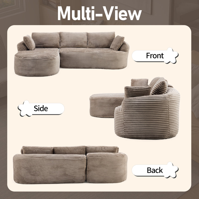 Boneless 100'' W 3-Seat Round Arm Corduroy Curved Boneless Couch, Brown
