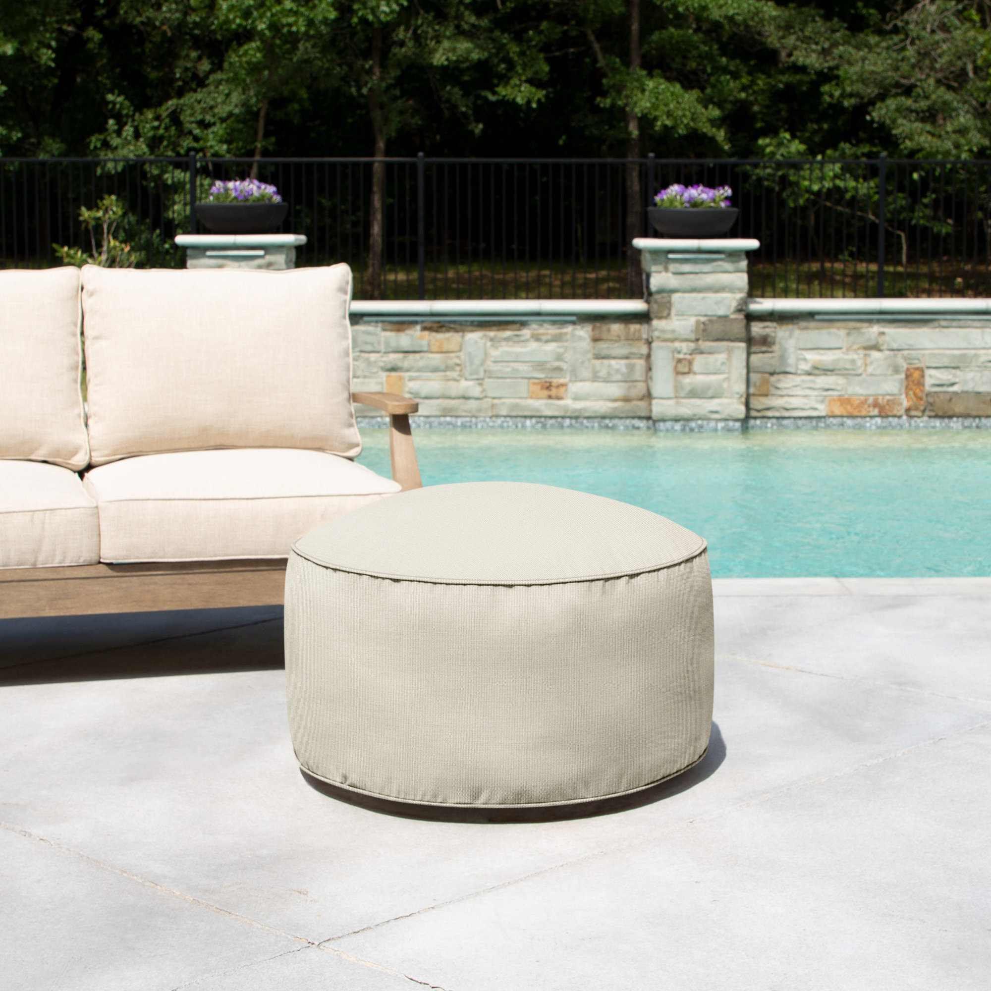 Demi Round Upholstered Outdoor Ottoman with Sunbrella® Cushion, Canvas Cloud Sunbrella® Canvas