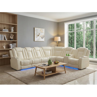 Off-White Genuine Leather 3-Piece Multi-Functional Recliner Sofa