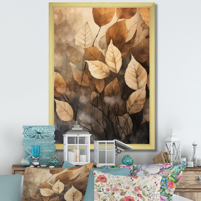 «Brown Beige Leafs Harmony V», reproduction sur toile, H 44 po x l 34 po x P 1,5 po, Cadre doré à une seule photo