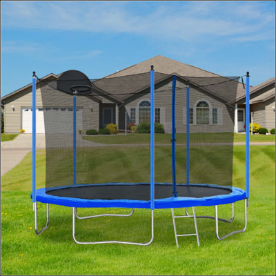 Trampoline 12 pi pour adultes et enfants avec panier de basketball, trampolines d'extérieur avec échelle et filet de sécurité pour enfants et adultes