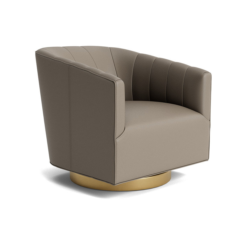 Cooper Upholstered Swivel Barrel Chair, Brushed Brass, Greenwich Performance Leather - Pewter