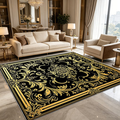 Tapis décoratif doré orné de damas rétro de 1 pièce pour salon, doux, toutes saisons, facile à entretenir, lavable, adapté pour la salle à manger, la chambre à coucher, la cuisine, l'entrée, le bureau personnel, le couloir, la décoration intérieure et extérieure.