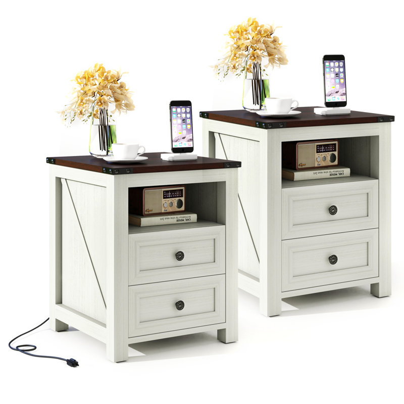 Table de chevet rustique moderne avec table de chargement - table de chevet 18 po avec 2 tiroirs et tablette ouverte Rustic