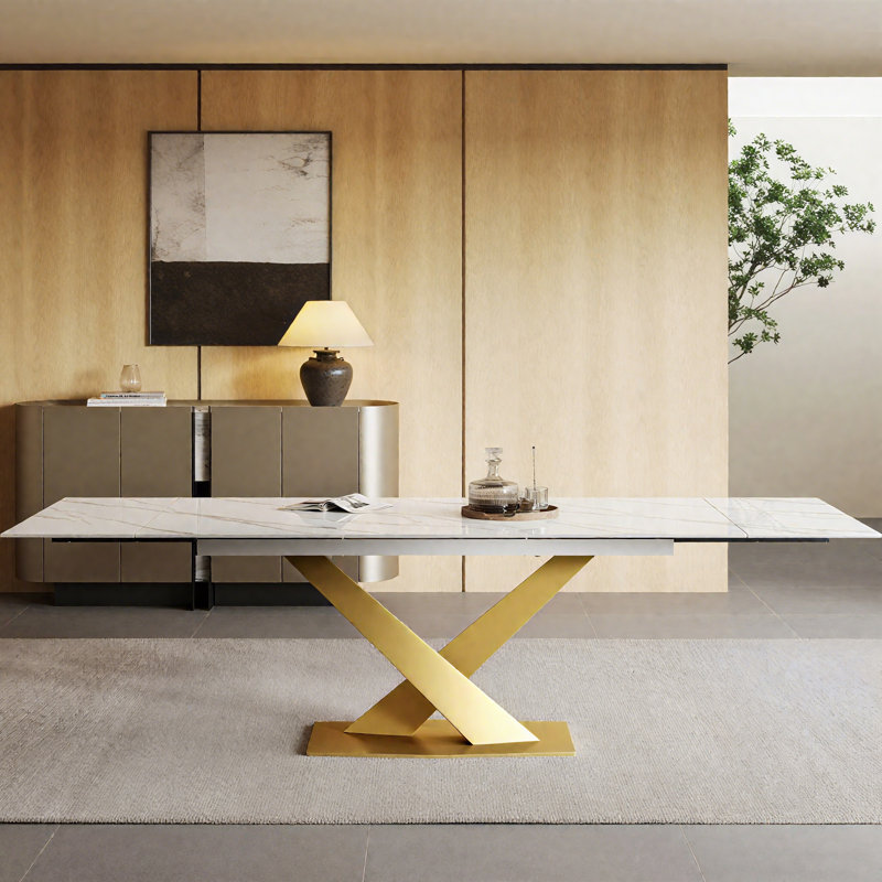 Modern 63" To 94.5" Extendable Dining Table With Sintered Stone Top And Cross-Shaped Metal Legs, Seats 8-10, Gold