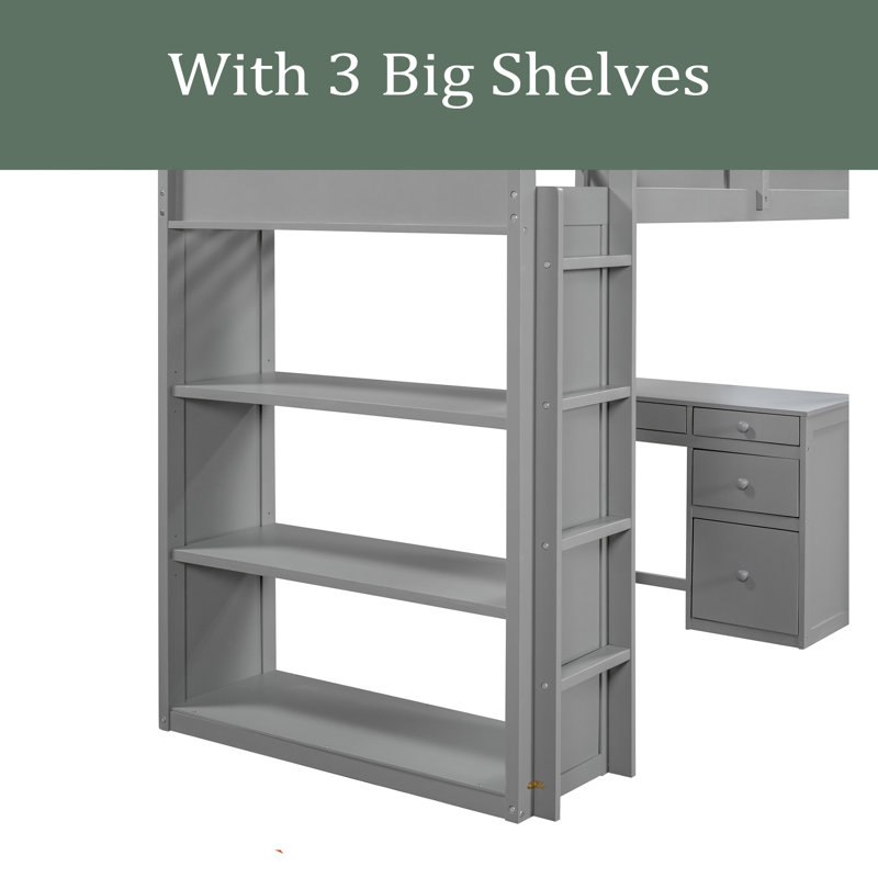 Lit mezzanine 5 tiroirs avec bureau Haddy par Harriet Bee, Gris, Simple