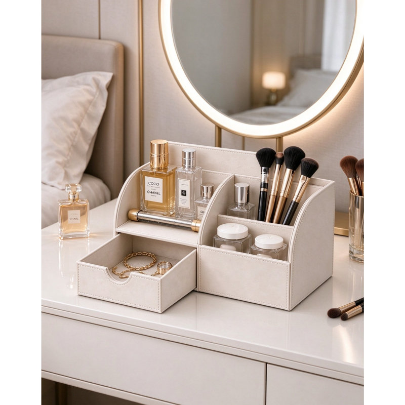 Stationery Desk Tidy Organiser with Drawer, Open‑Top Storage Caddy with Multi‑Sized Compartments for Office Desk Supplies & Small Accessories