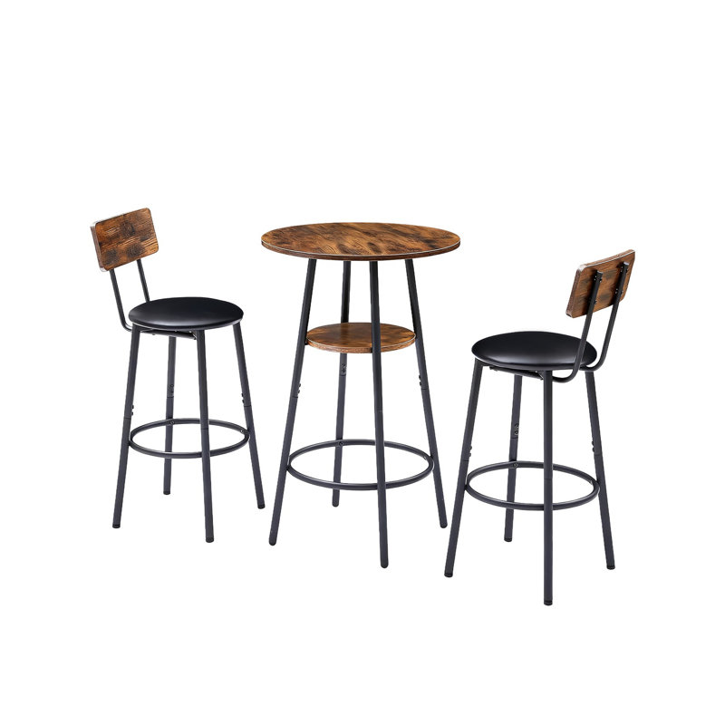 Ensemble de 3 tables de bar rondes et chaises, petite table de salle à manger pour 2 personnes avec rangement à 2 niveaux, tabourets de bar rembourrés en polyuréthane - mobilier de salle à manger moderne Mid-Century pour la cuisine, le salon