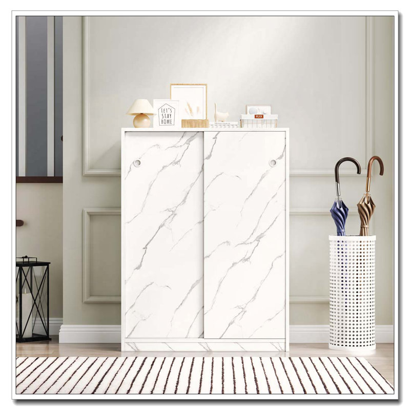 Marble shoe cabient with sliding door have 6 layers can storage at least30 pairs shoes, White