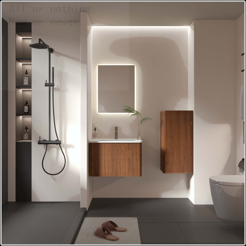 Striped Wall Mounted Floating Cabinet, Walnut
