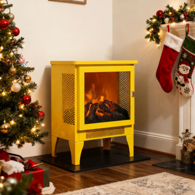 18 Inch Electric Fireplace Stove With 3D Flame, Lemon Yellow, 1400W/700W Two - Level Heat, 50000 Hours Led, Three Sided View, Bottom Air Outlet, Portable And Easy To Move, Golden Door Design