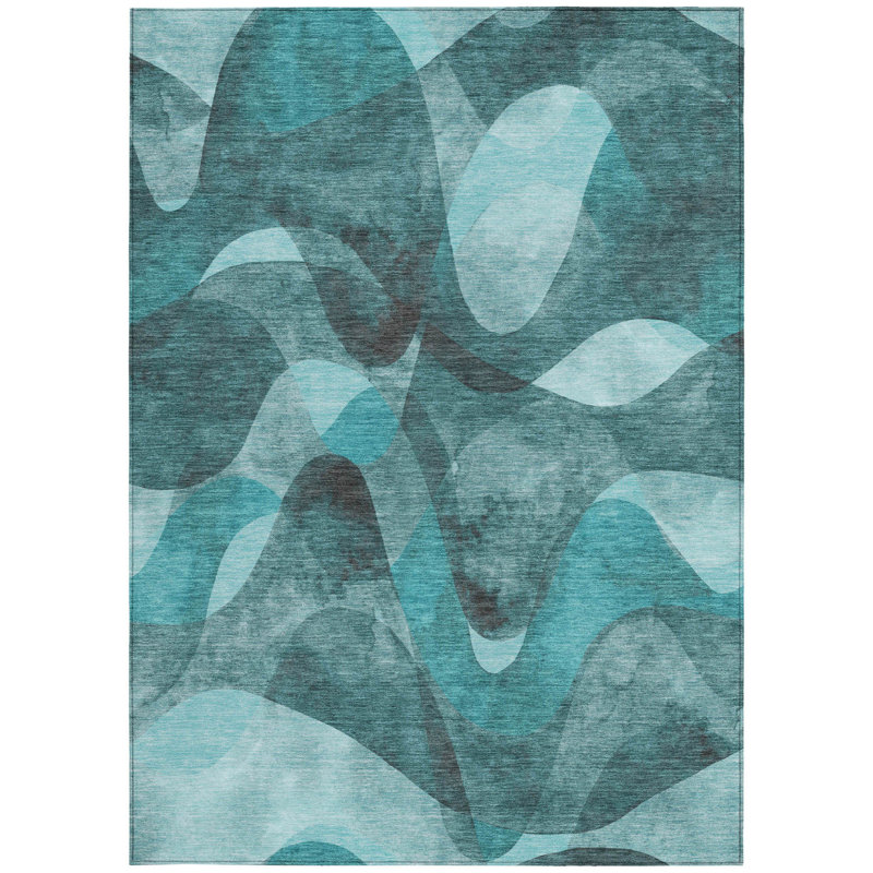 3' X 5' Teal Abstract Washable Non Skid Indoor Outdoor Area Rug
