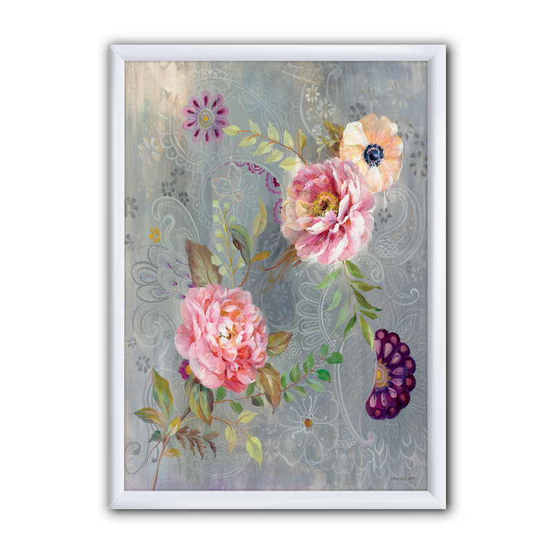 «Peony and Paisley», reproduction d'art sur toile, H 20 po x l 12 po x P 1po, Cadre blanc