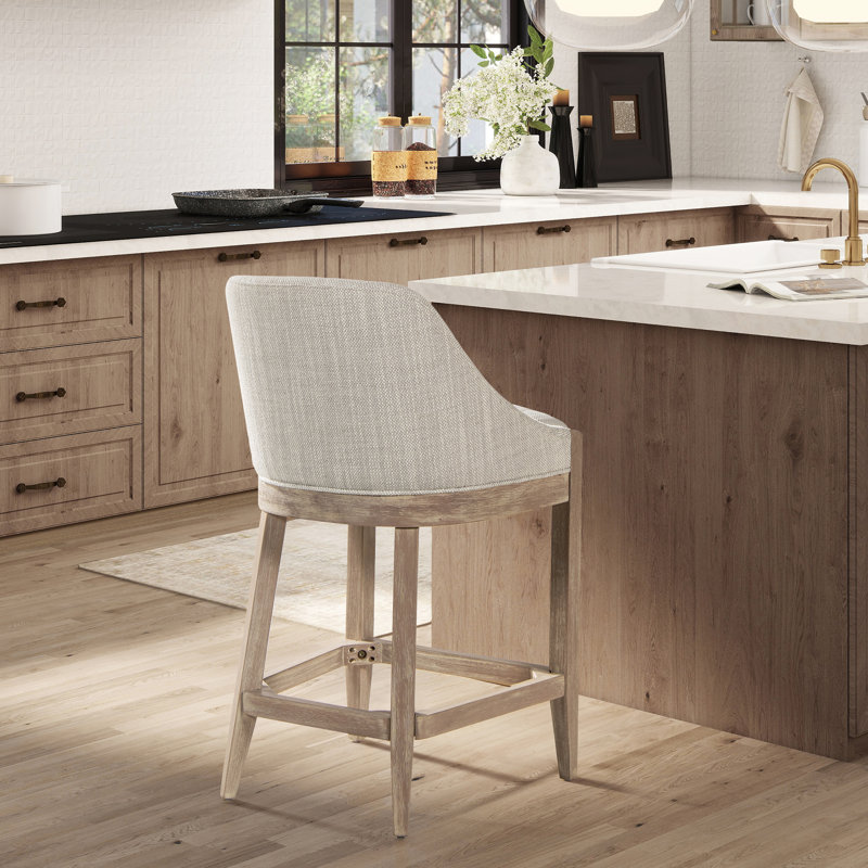 Clivia 26.5" Coastal Curved Back Upholstered Counter Stool, Two-Tone Neutral Gray Polyester Wool Blend