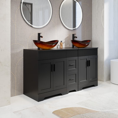 Akron 60" Double Sink Bathroom Vanity Set With Manufactured Wood Top, Vessel Sinks, Faucets And Drains, Water-resistant Paint