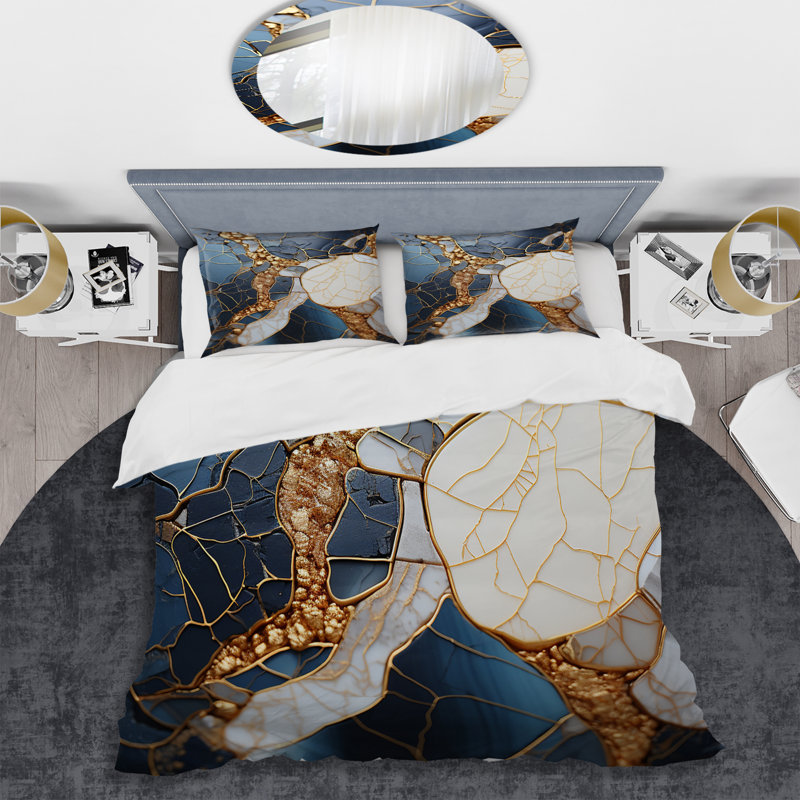 Ensemble de housse de couette or et bleu, Housse de couette simple + 1 taie décorative stan