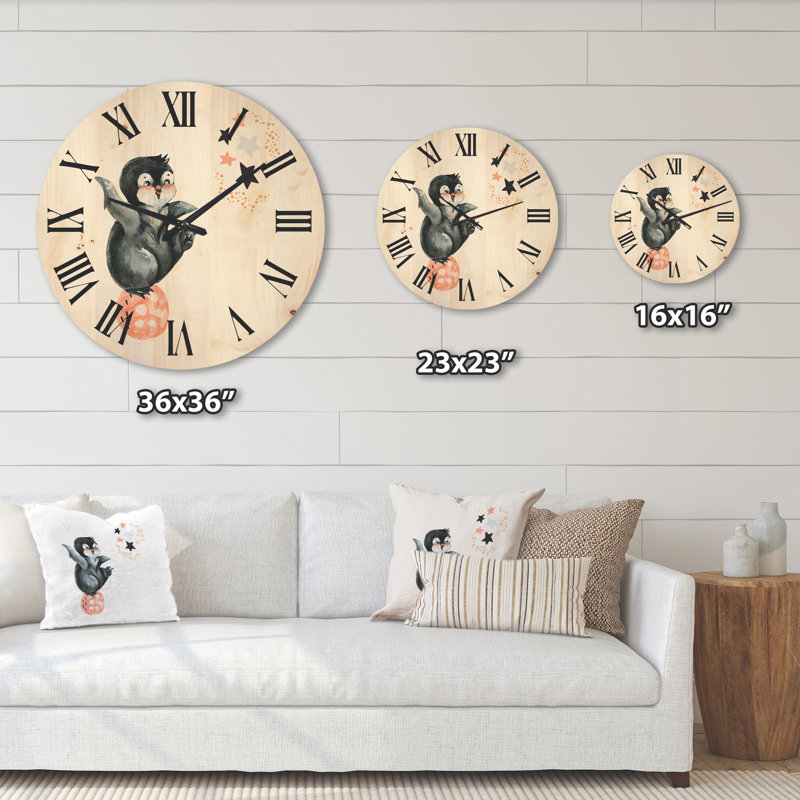 Horloge murale en bois Petit pingouin avec étoiles et planètes II, Grand