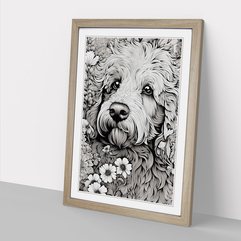 Labradoodle Line Art - Framed Print, 34cm H x 25cm W x 2cm D, Oak Framed
