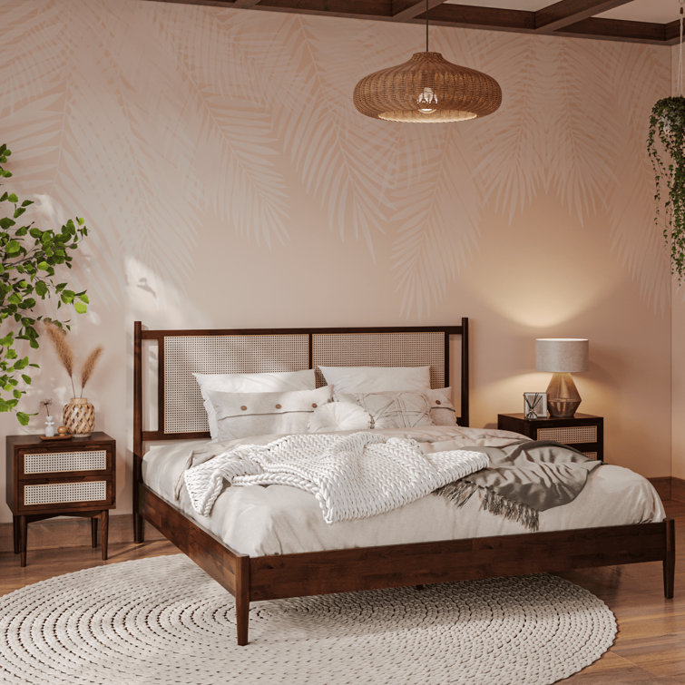 Oliver Solid Wood Rattan Platform Bed with Headboard, Rattan Frame